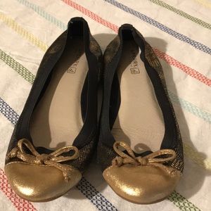 black and gold Sperry ballet shoes